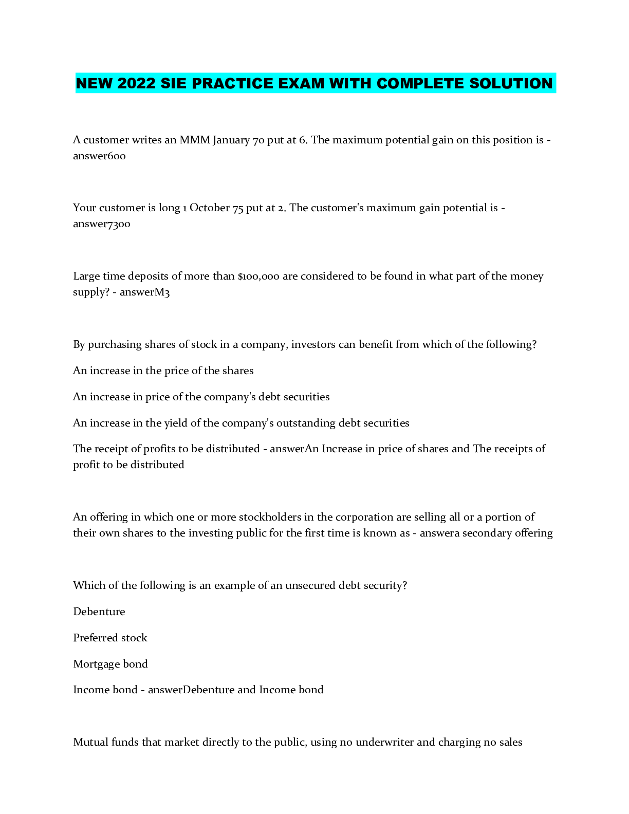 Preview image of NEW 2022 SIE PRACTICE EXAM WITH COMPLETE SOLUTION document